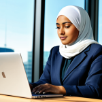 **Image:** A confident businesswoman in a professional, modest hijab and business suit, working on a laptop in a modern, sunlit office. Safe for work, appropriate content, fully clothed, perfect anatomy, natural proportions, professional.