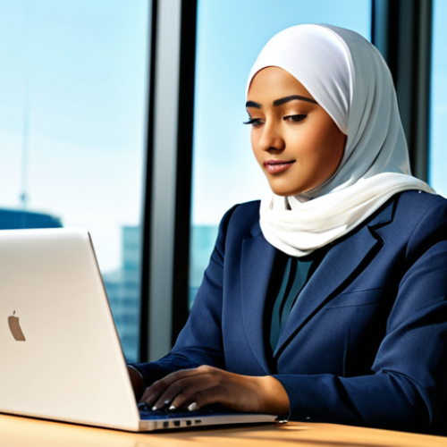 Home 19 **Image:** A confident businesswoman in a professional, modest hijab and business suit, working on a laptop in a modern, sunlit office. Safe for work, appropriate content, fully clothed, perfect anatomy, natural proportions, professional.