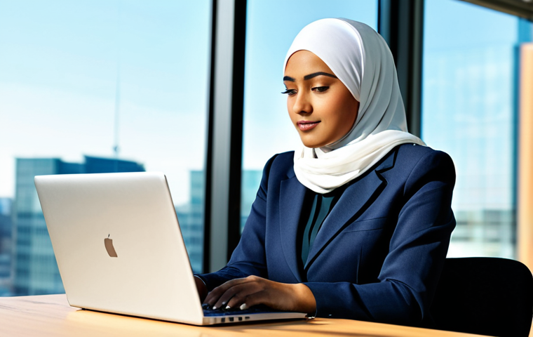 **Image:** A confident businesswoman in a professional, modest hijab and business suit, working on a laptop in a modern, sunlit office. Safe for work, appropriate content, fully clothed, perfect anatomy, natural proportions, professional.