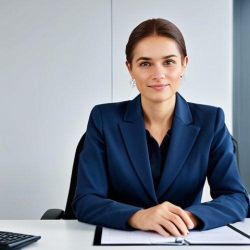 Home 12 Professional Businesswoman in Office**
"A professional businesswoman in a modest business suit, sitting at a desk in a modern office, fully clothed, appropriate attire, safe for work, perfect anatomy, natural proportions, professional photography, high quality."
**