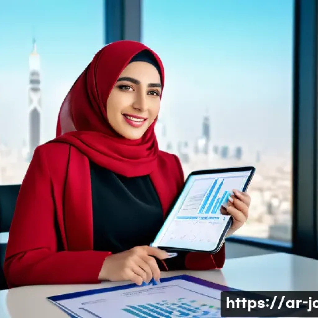 직업상담사 상담 사례집 - A professional Middle Eastern woman in modern modest business attire, sitting confidently in a brigh...