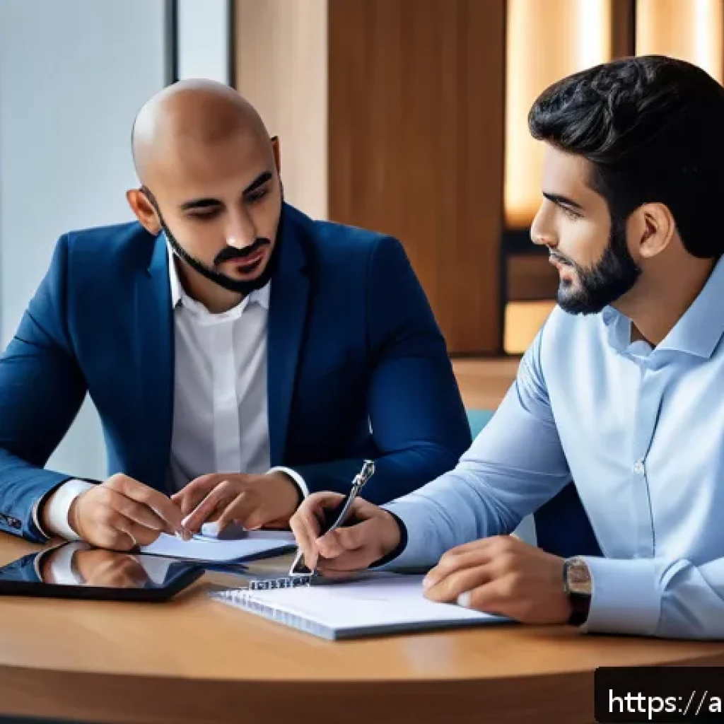 직업상담사 실습 사례 공유 - A professional Arab recruitment consultant in a modern office setting, engaging in a warm and focuse...