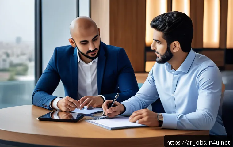 직업상담사 실습 사례 공유 - A professional Arab recruitment consultant in a modern office setting, engaging in a warm and focuse...