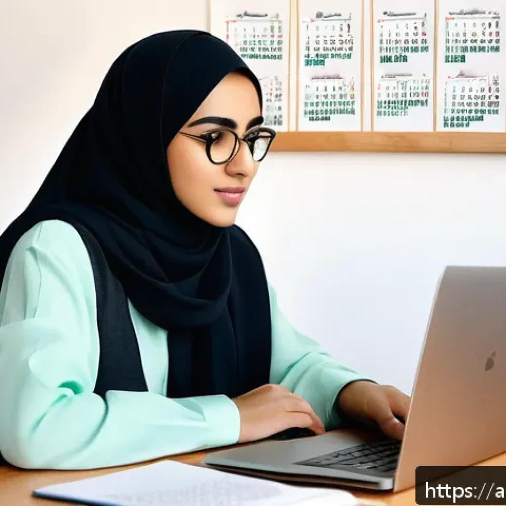 직업상담사 필기시험 준비 노하우 - A focused young Middle Eastern woman studying at a tidy desk in a cozy room decorated with Arabic ca...