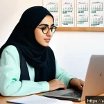 Home 22 직업상담사 필기시험 준비 노하우 - A focused young Middle Eastern woman studying at a tidy desk in a cozy room decorated with Arabic ca...