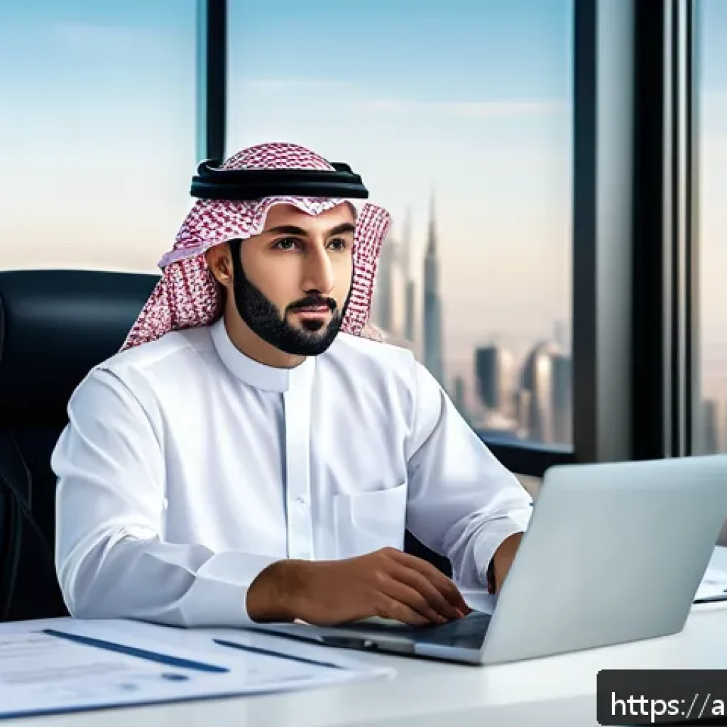 직업상담사와 커리어코칭 차이 - A professional Middle Eastern man in traditional attire, sitting confidently at a modern office desk...