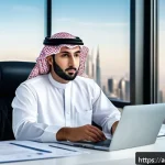 Home 21 직업상담사와 커리어코칭 차이 - A professional Middle Eastern man in traditional attire, sitting confidently at a modern office desk...