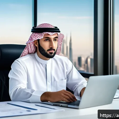Home 33 직업상담사와 커리어코칭 차이 - A professional Middle Eastern man in traditional attire, sitting confidently at a modern office desk...
