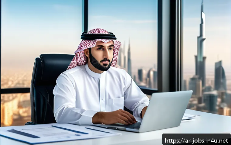 직업상담사와 커리어코칭 차이 - A professional Middle Eastern man in traditional attire, sitting confidently at a modern office desk...