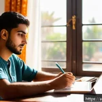 Home 20 직업상담사 자격증 공부 스케줄 - A focused Middle Eastern young adult studying at a tidy desk in a cozy, sunlit room during early mor...