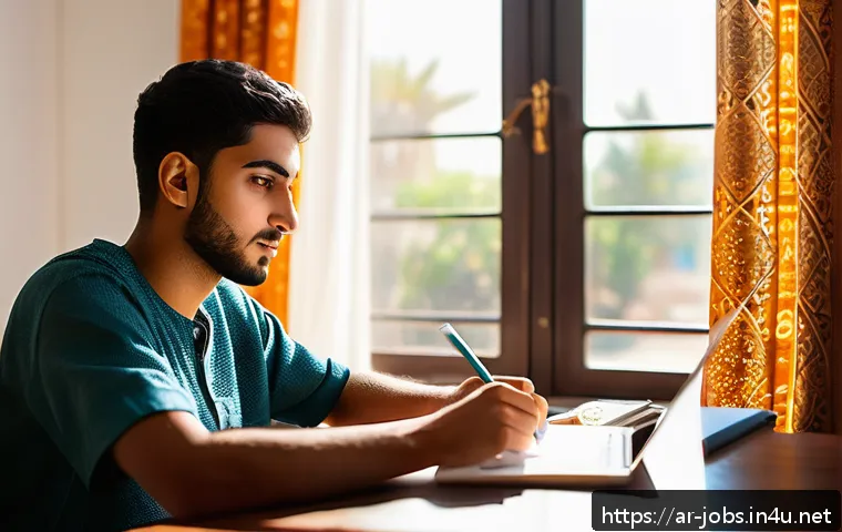 직업상담사 자격증 공부 스케줄 - A focused Middle Eastern young adult studying at a tidy desk in a cozy, sunlit room during early mor...