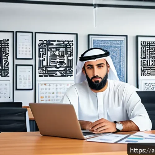 Home 17 직업상담사와 진로 설계 이론 - A professional Middle Eastern man in traditional attire, sitting thoughtfully at a modern office des...